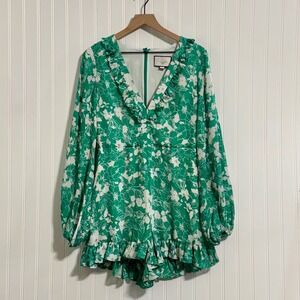Alexis L Green Floral Ruffle Romper Long Sleeve V-Neck 100% Cotton Lined EUC